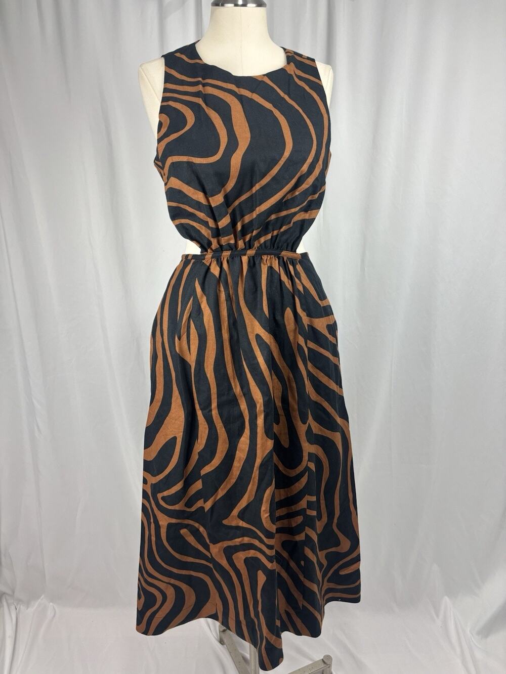 Banana Republic Linen-Blend Cut-Out Midi Dress Brown Zebra Tiger Print 6 Petite